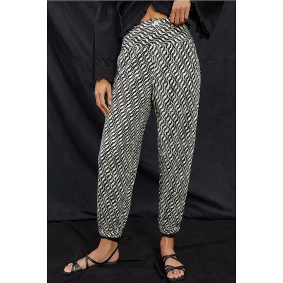 Anthropologie Linen Blend Petite Ivory Zebra Printed High Rise Tapered Pants 0P - Picture 1 of 11